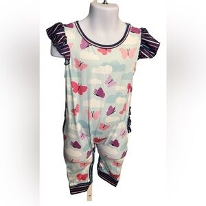 Pete & Lucy Butterfly and Clouds Short Sleeve Pant Romper with Ruffle Backside